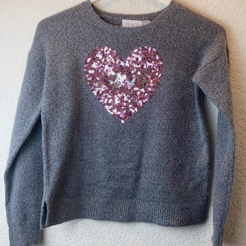 Place Gray Marbled Knit with Pink Sequin Heart Long Sleeve Sweater C22